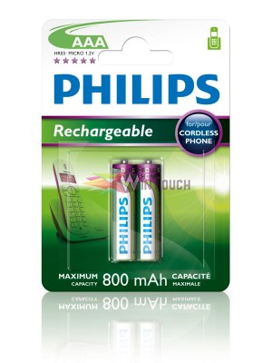 Επαναφορτιζόμενη μπαταρία PHILIPS R03B2A80 800mAh, AAA HR03 Micro, 2τμχ